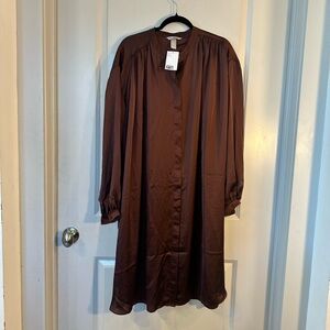 NEW H&M Button Down Long Sleeve Tunic Satin Brown Modest Shirt Dress, Large